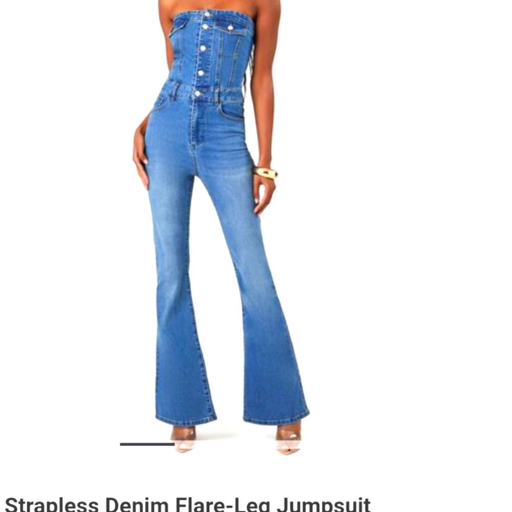 Pre-owned Strapless Denim Flare-Leg Jumpsuit